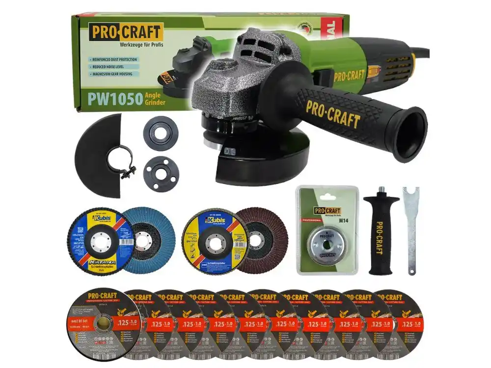 Bruska úhlová Procraft PW1050 + příslušenství | Kompaktní a výkonná 850 W Včetně 10x řezných kotoučů a 2x lamelových kotoučů Finální Výprodej